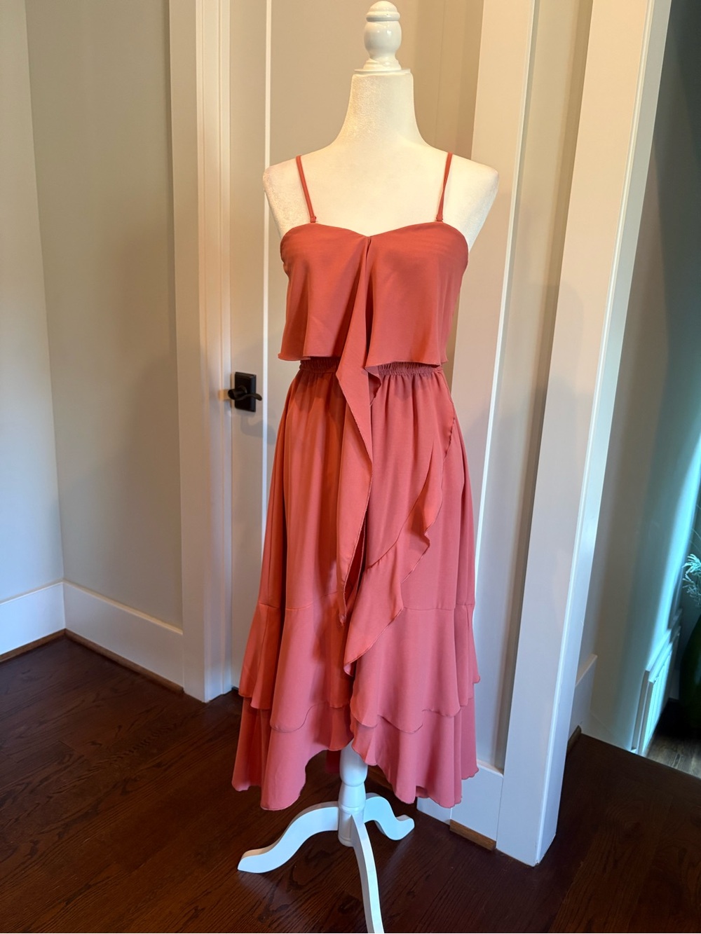 Grace Karin Coral Pink Layered Ruffle Midi Dress